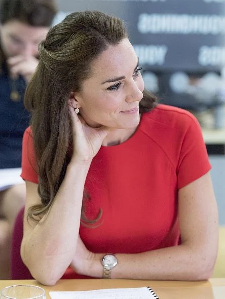 Kate Middleton and Prince William visit  YoungMinds Mental Health Charity Helpline, Kate Middleton wore L.K.Bennett Eugenia Skirted Dress