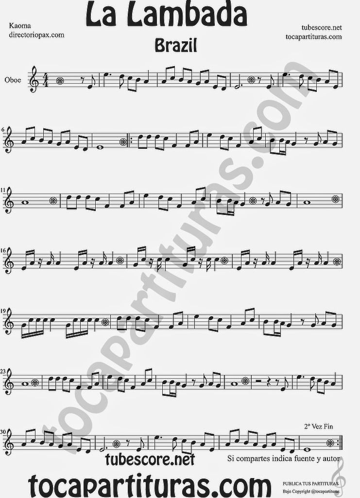  La Lambada partitura para oboe (La Lambada Sheet Music for oboe music scores, Chorando Se Foi Sheet Music) 