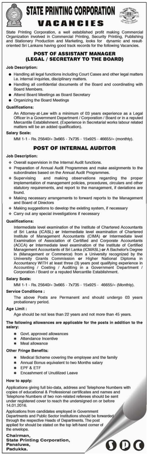 Sri Lanka Job Network jobs/vacancies SPC Assistant Manager Internal Auditor