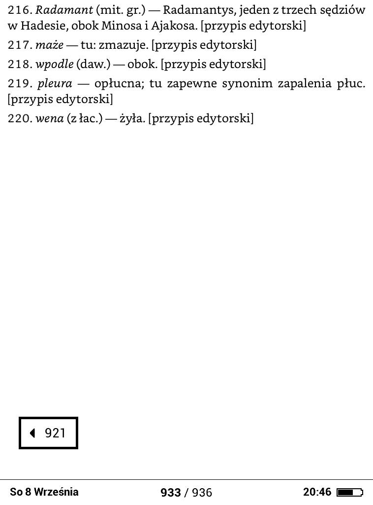 Obsługa przypisów PocketBook Basic Lux 2 – w lewym dolnym rogu pojawia się prostokąt numeru strony, na której znajduj się indeks przypisu