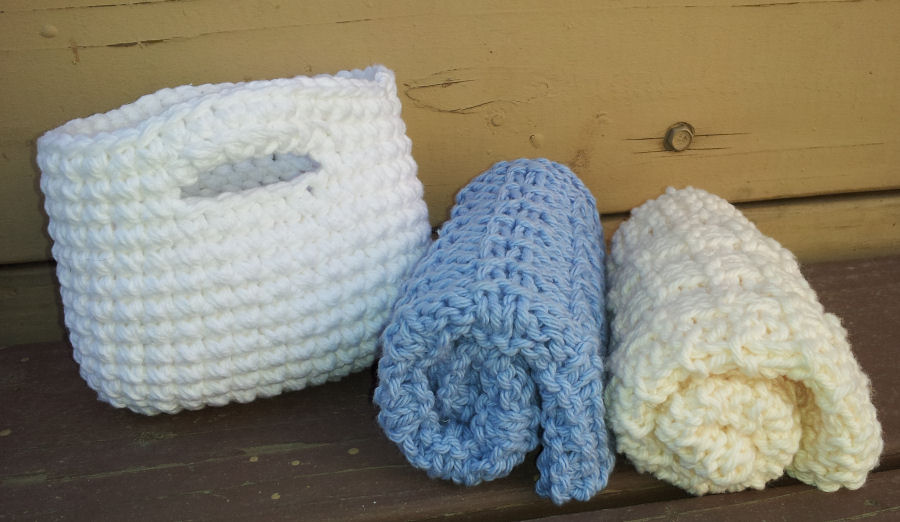 Toast with Jelly Too Set of Two Cotton Knit Washcloths and Crochet Cotton Basket