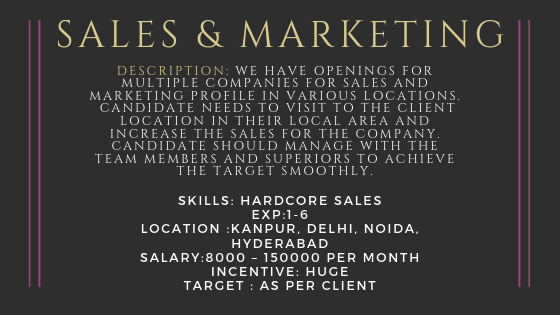 Requirement For Sales And Marketing Profile For Kanpur Delhi Ncr