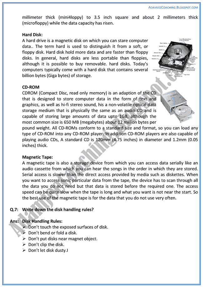 Adamjee Coaching Storage Devices Descriptive Question Answers