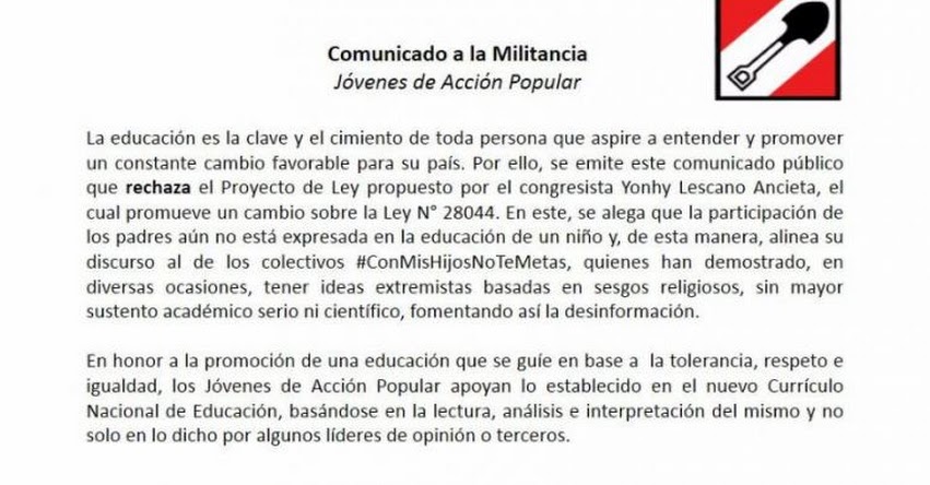 Jóvenes de Acción Popular rechazan proyecto de Congresista Lescano contra Currículo Escolar Jóvenes de Acción Popular rechazan proyecto de Congresista Lescano contra Currículo Escolar