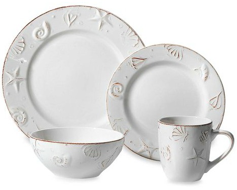 White Dinnerware Plates and Mugs with Embossed Seashells