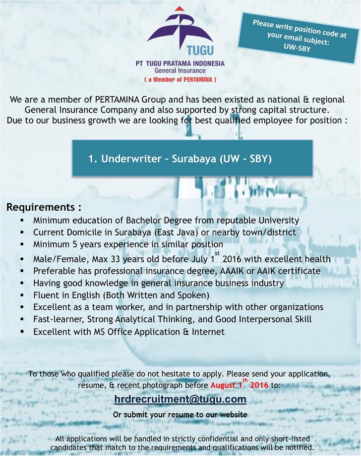 Lowongan Kerja Underwriter PT Tugu Pratama Indonesia (Pertamina Group) Lowongan Kerja Underwriter PT Tugu Pratama Indonesia (Pertamina Group)