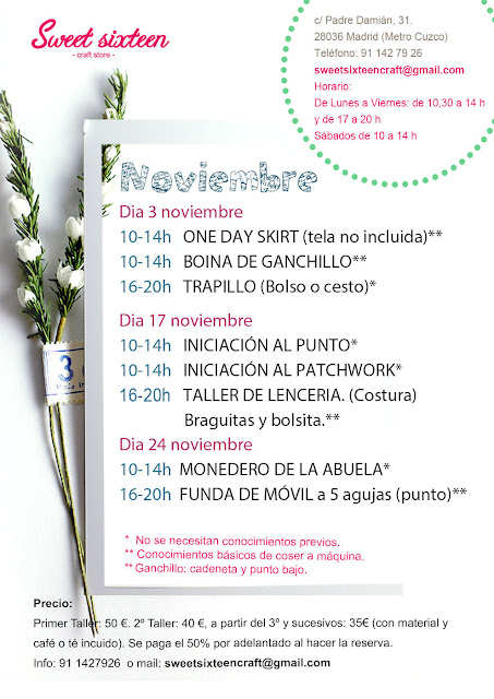 Calendario talleres punto ganchillo y costura de Noviembre en Sweet Sixteen craft Store, Madrid