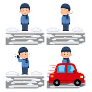 交通安全の「止まる・見る・聞く・待つ」のイラスト（冬）