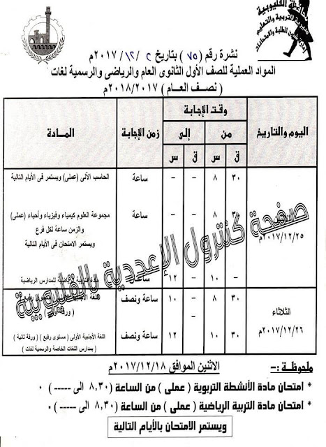 جدول امتحانات العملي الصف الأول الثانوي 2018 محافظة القليوبية