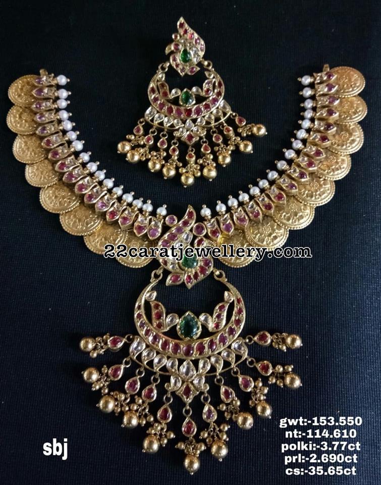 153 Grams Pota Ruby Kasu Necklace - Jewellery Designs