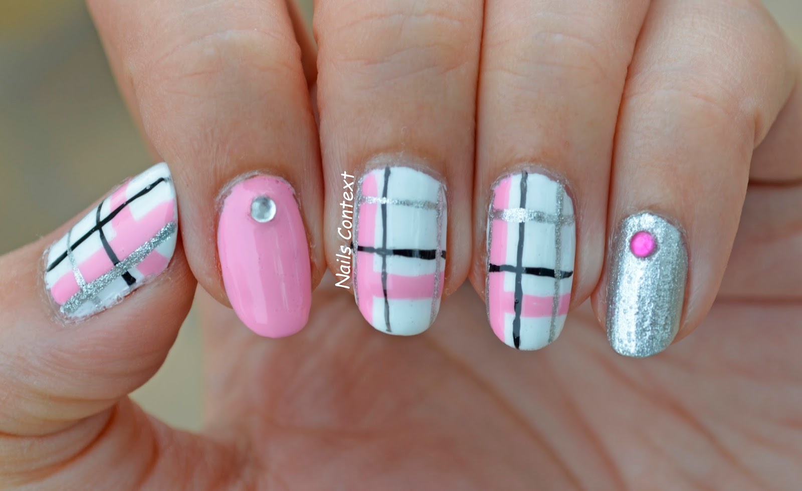 pink plaid nail design