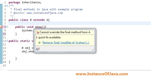 Final method in java with example programs - InstanceOfJava