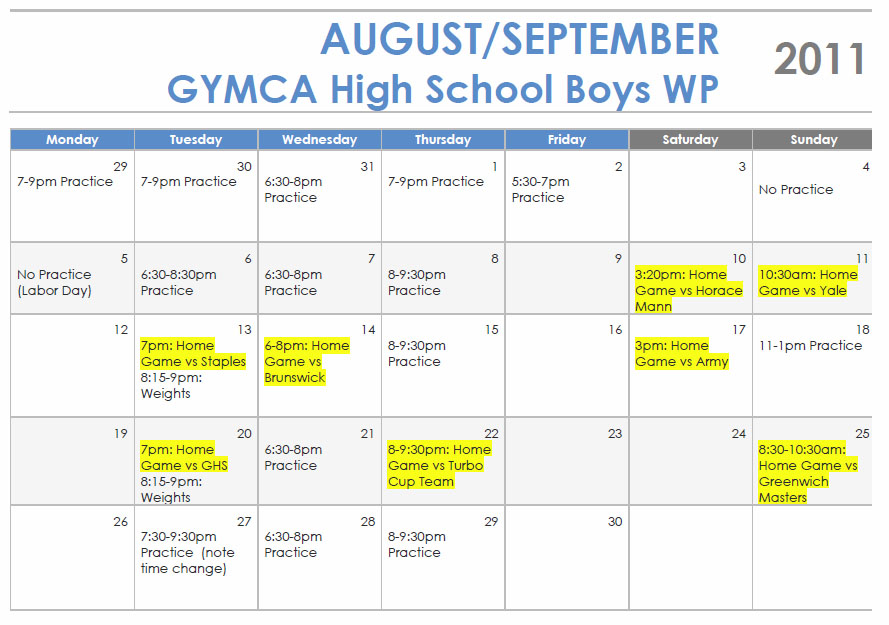 Greenwich Aquatics Water Polo Calendar