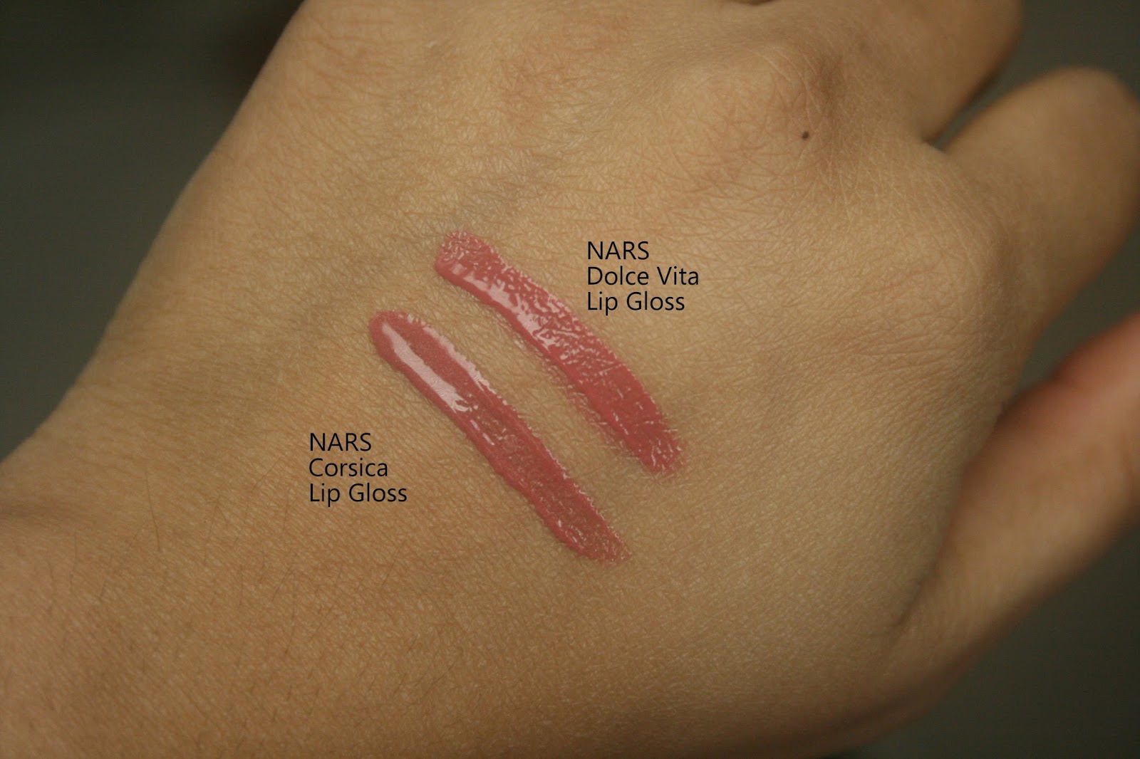 NARS Laced with Edge Holiday Collection Corsica Lip Gloss vs Dolce Vita Lip Gloss Swatch Comparison