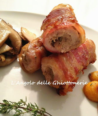 rock'n'rollé di lonza di maiale con cremosa al tartufo e porcini, bardato con pancetta piacentina