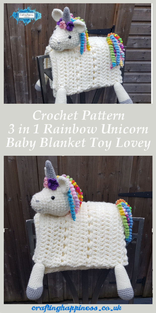 Crochet Pattern 3 in 1 Rainbow Unicorn Baby Blanket Toy Lovey Crafting Happiness