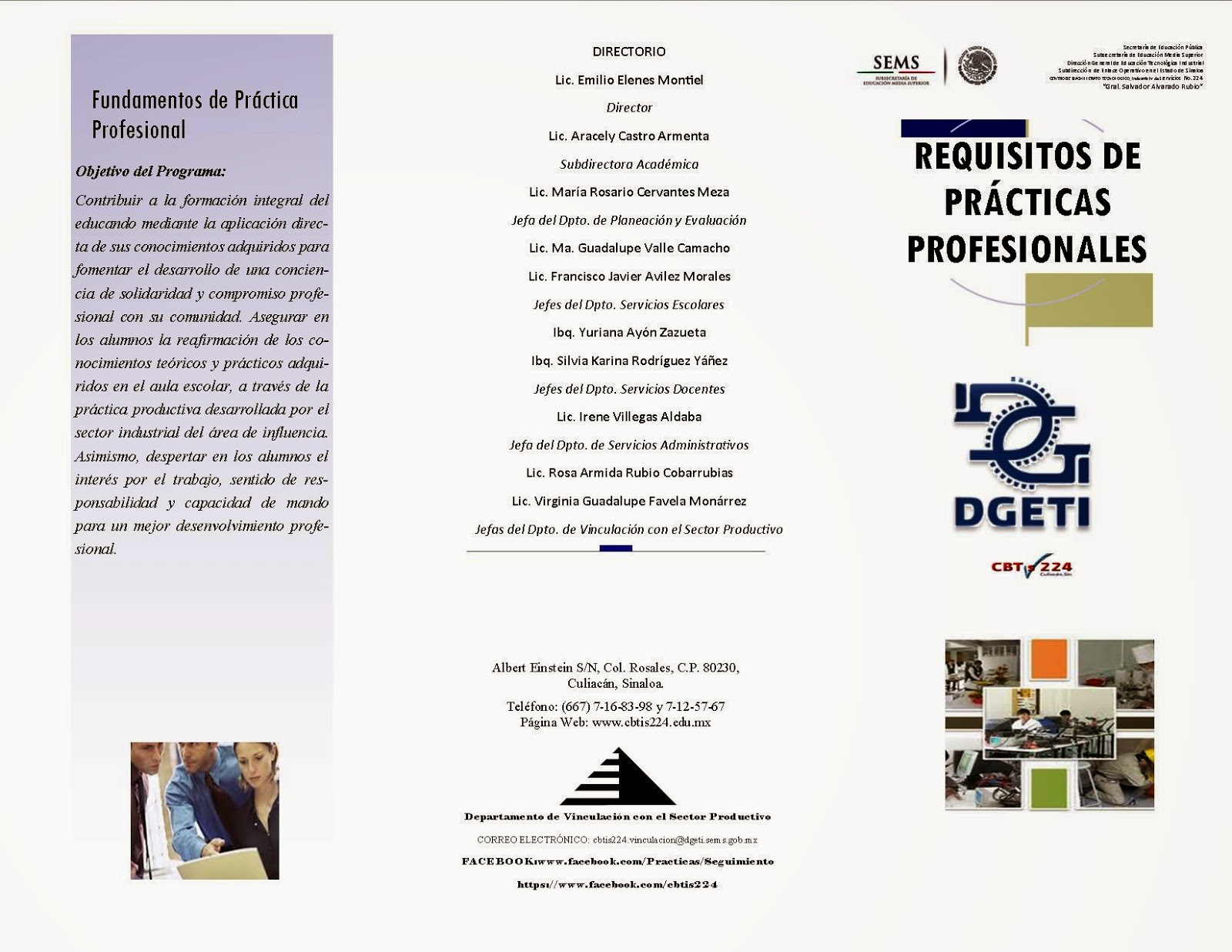 DEPARTAMENTO DE VINCULACIÓN CBTIS 224: TRÍPTICO PRÁCTICAS PROFESIONALES