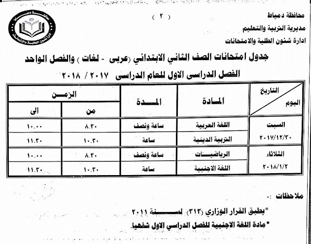 جداول امتحانات محافظة دمياط الترم الأول 2018  24131424_1500769989992678_4066911260128440521_n