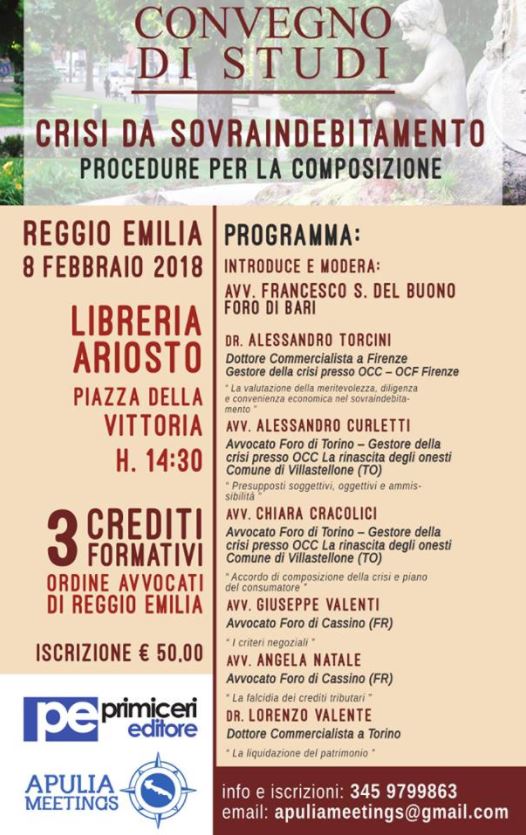 Convegni: a Reggio Emilia 'Le procedure per la composizione delle crisi da sovraindebitamento'