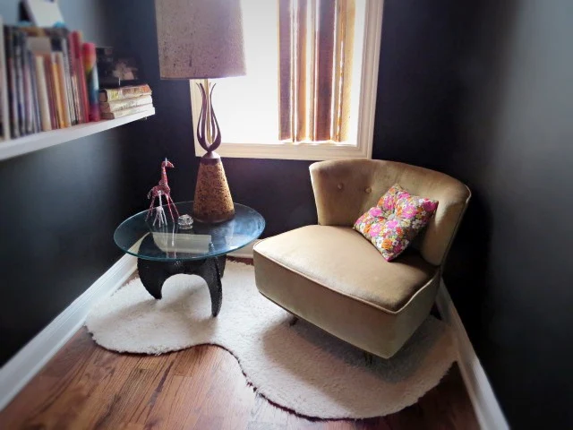 another view of DIY fabric rug under chair and table