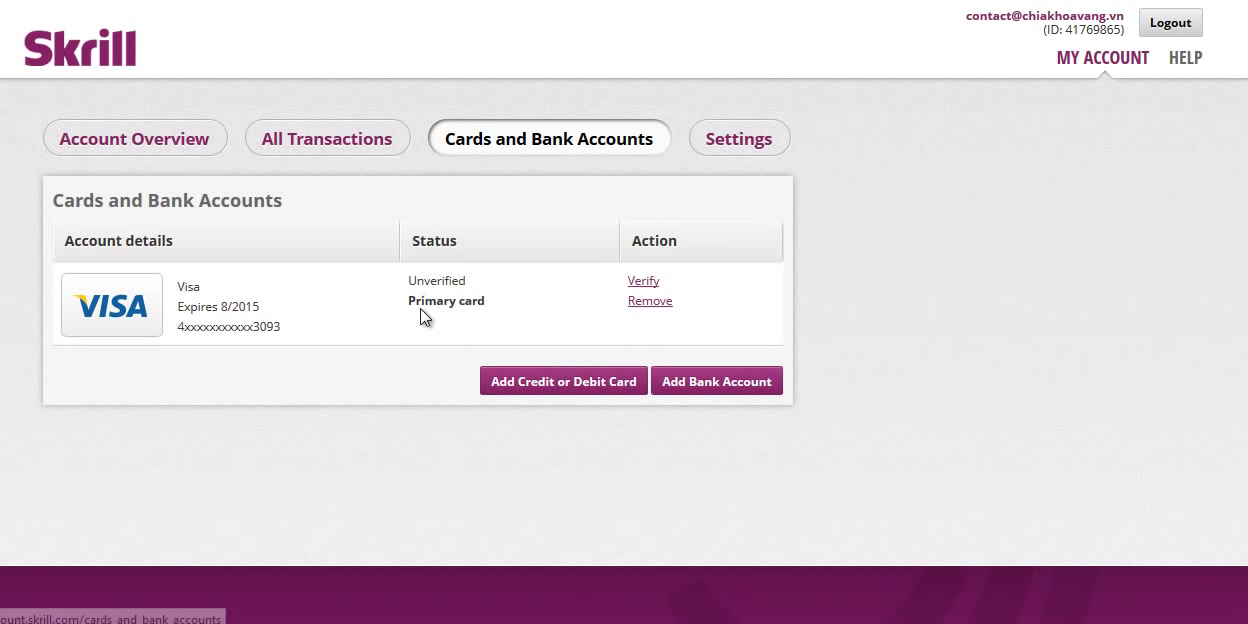 Skrill Account Cards and Bank Screen