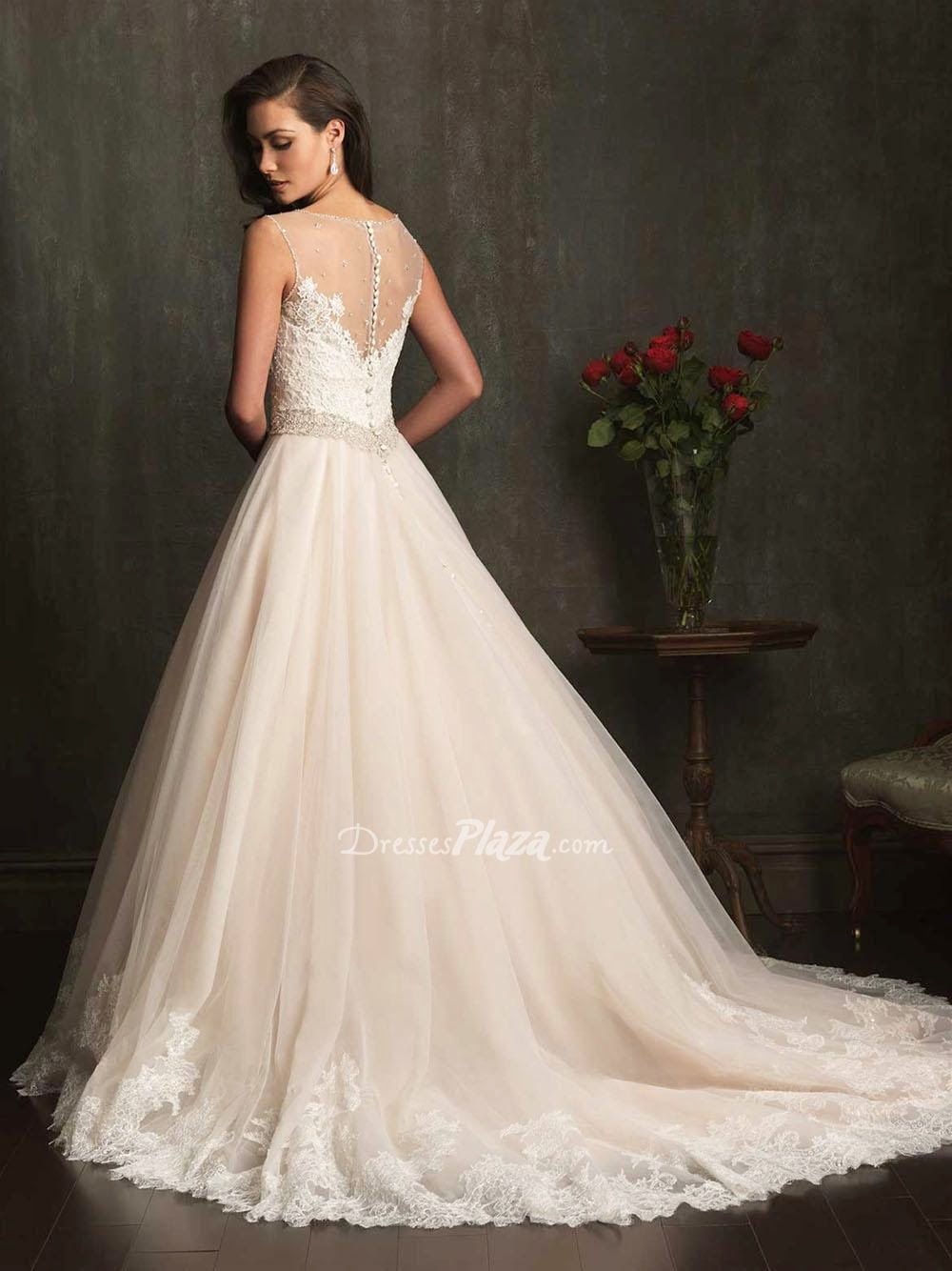 Ball Gown Sheer Jewel Neckline Lace Bodice Beaded Natural Waist Wedding Dress-2