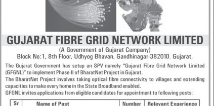 Gujarat Fibre Grid Network Limited Recruitment for Various Posts 2017