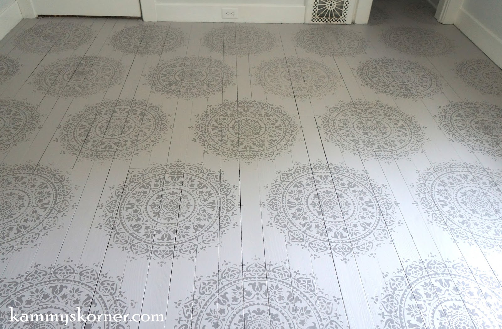 Gray On Mandala Stenciled Wood Floor, Hardwood Floor Stencils