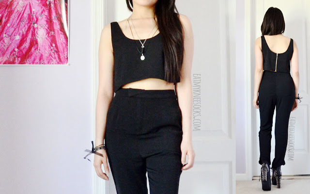 Tobi Fashion Review: Queen Bee Set A bold, sleek, minimalistic outfit featuring the Queen Bee crop top and high-waisted ankle pants set from Tobi, worn with a grunge-style layered necklace and Jeffrey Campbell Lita spike platform booties dupes.