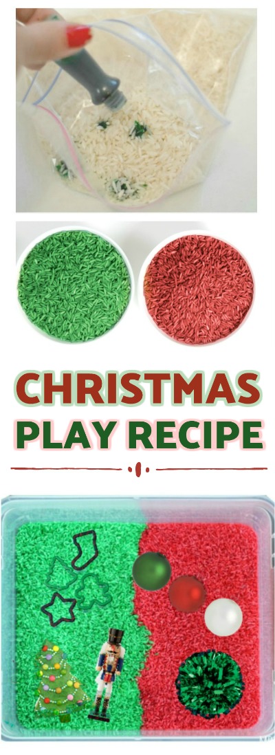 FUN KID PROJECT: Make Christmas Rice! Less messy than play sand & it smells just like Christmas! #christmasplayrecipes #christmascraftsforkids #Christmasactivitiesforkids