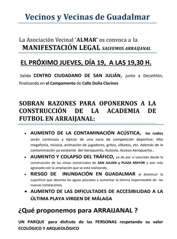 Málaga, Almar también realizará una manifestación en el Arraijanal