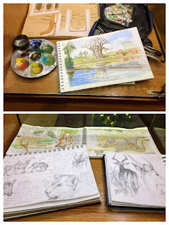 Sketches of baobab tree and African wildlife