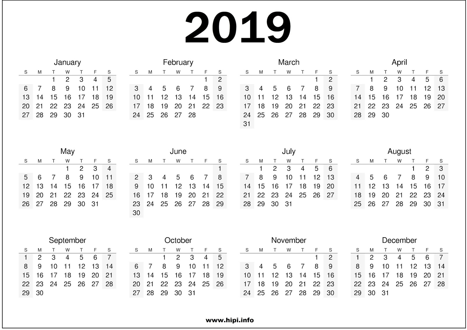 A4 Calendar 2019