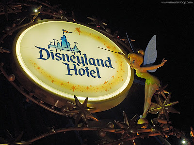 Disneyland Hotel Sorcerer hat entry sign Tinker Bell night
