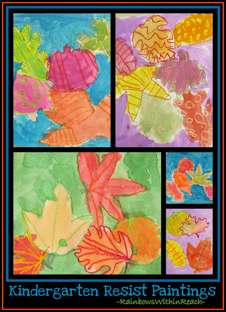 photo of: Kindergarten Fall Leaf Paintings with Crayon Resist Drawings (Fall RoundUP via RainbowsWithinReach) 
