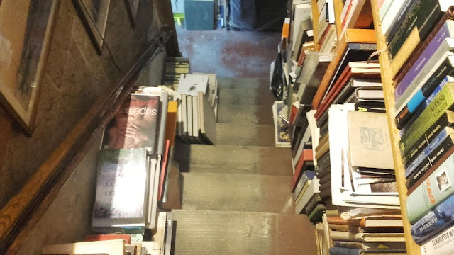 escada com vários livros pousados e prateleira com muitos livros