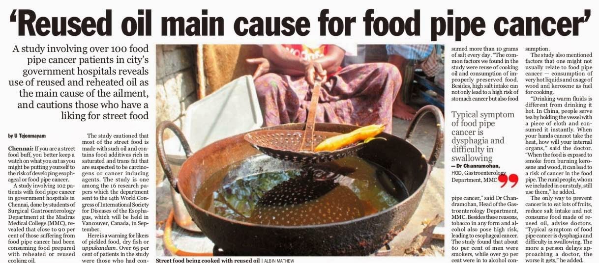 FOOD SAFETY LATEST REUSED OIL MAIN CAUSE FOR FOOD PIPE CANCER
