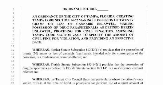 Tampa Cannabis Decriminalized - Complete Text of Tampa Cannabis Ordinance