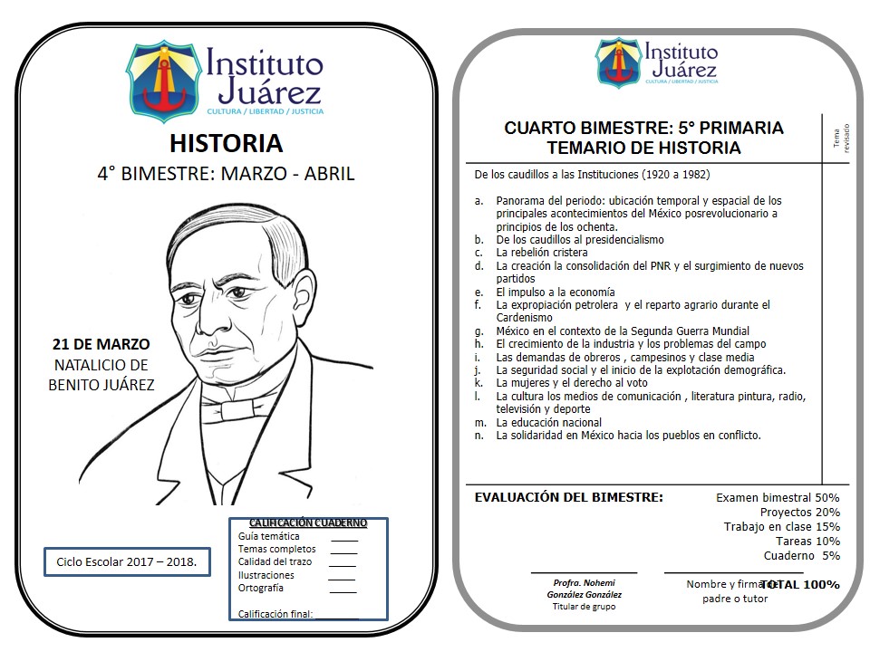 Instituto Juárez 5° Primaria: Portada de historia