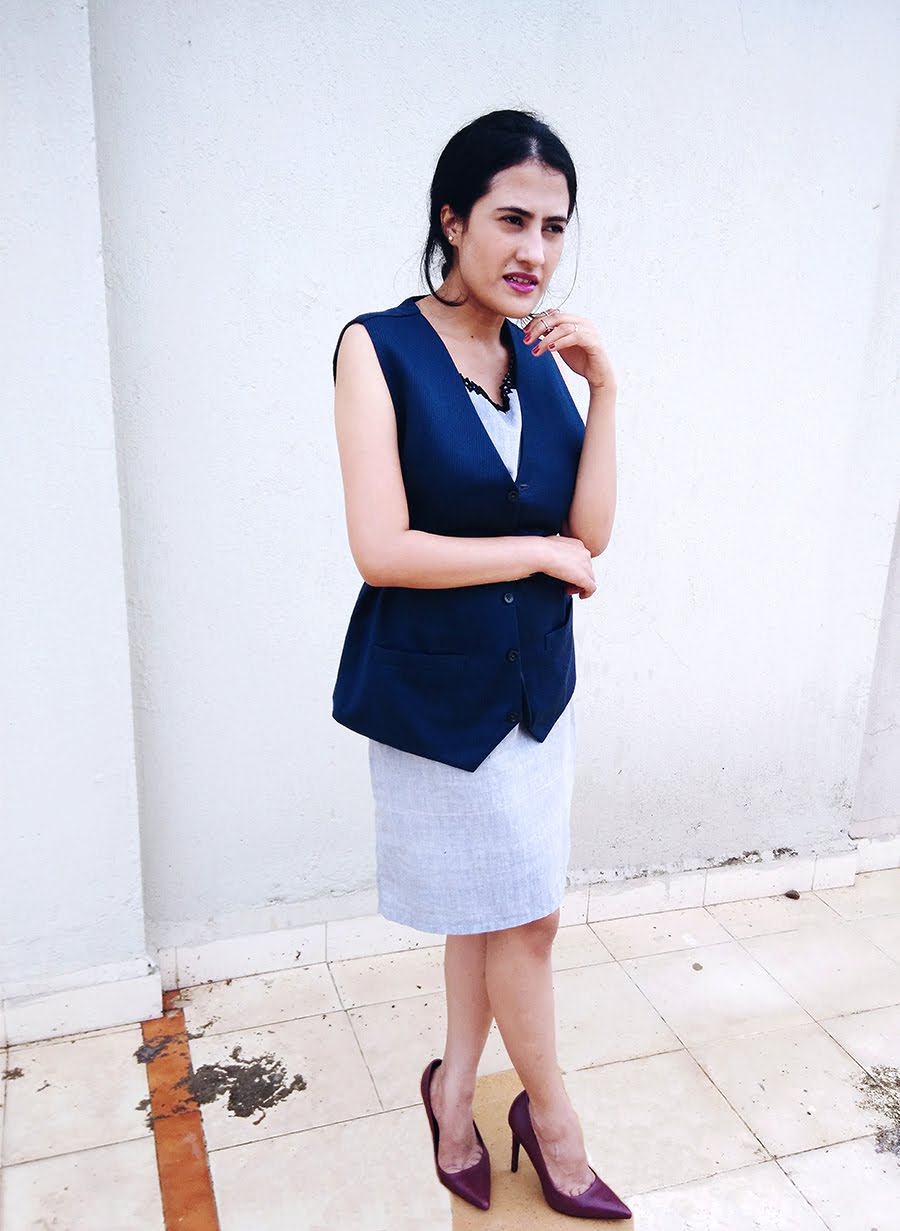 FALL LAYERING // HOW TO ADD POP OF COLOR TO YOUR WORKWEAR | STYLE AND ILLUSTRATION BLOG BY DHEERA JOSHI grey dress,pinstripe Vintage vest,yellow belt ,mango maroon heels, fashion blogger