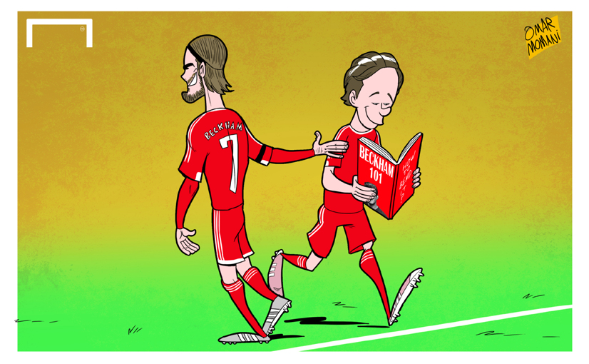 Omar Momani cartoons: David Beckham was replaced by son Brooklyn during a  charity match at Old Trafford, with the teenager keen to take some lessons  from his famous father.