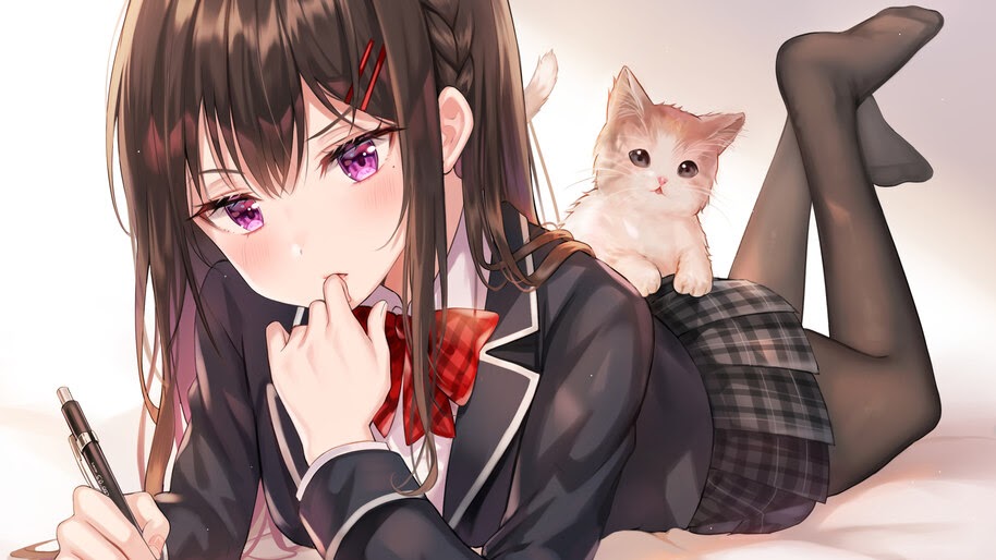 Anime, Girl, Studying, Student, Uniform, Cute, Cat, 4K, 4 -4867
