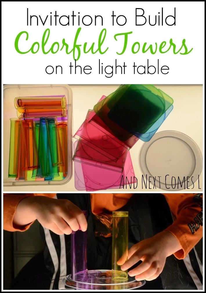 Invitation to build colorful towers with loose parts on the light table from And Next Comes L