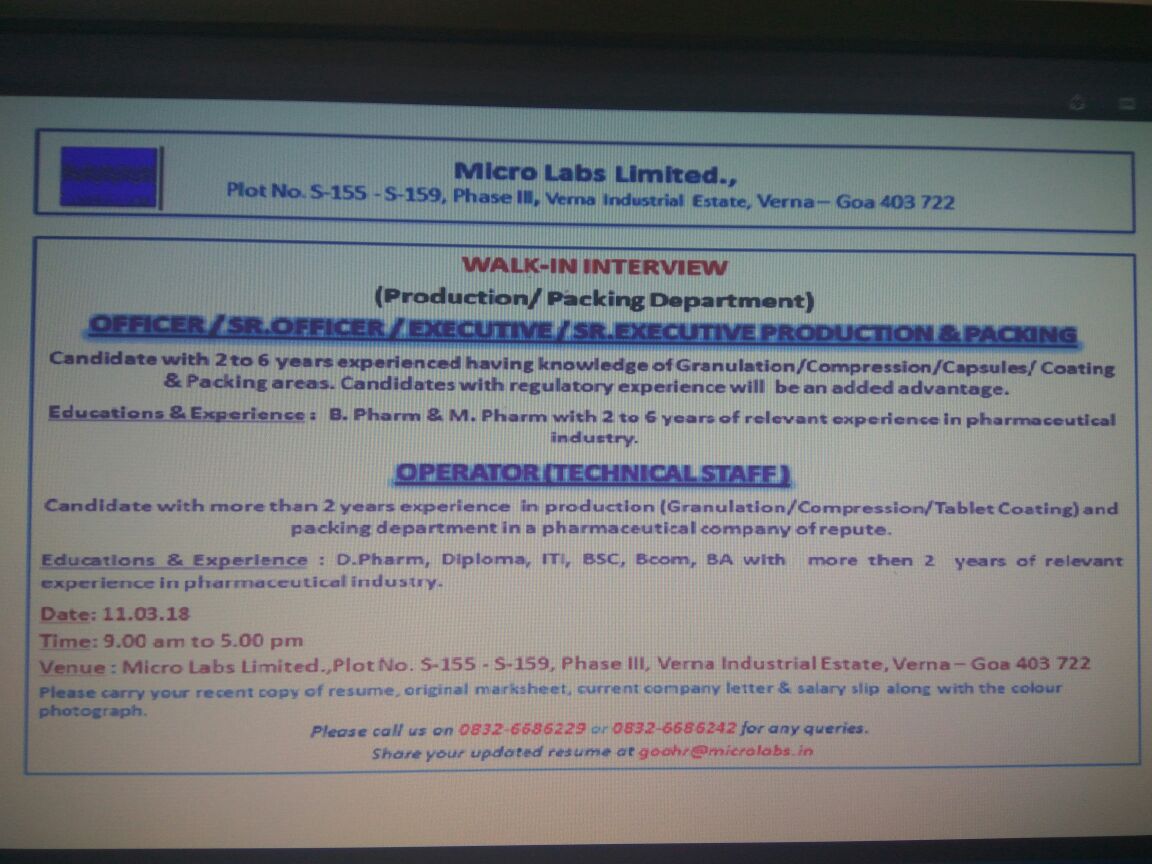 Walk in for Microlab Goa on 11th Mar 2018