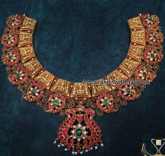 Lakshmi Peacock Set with Red Kundans - Jewellery Designs