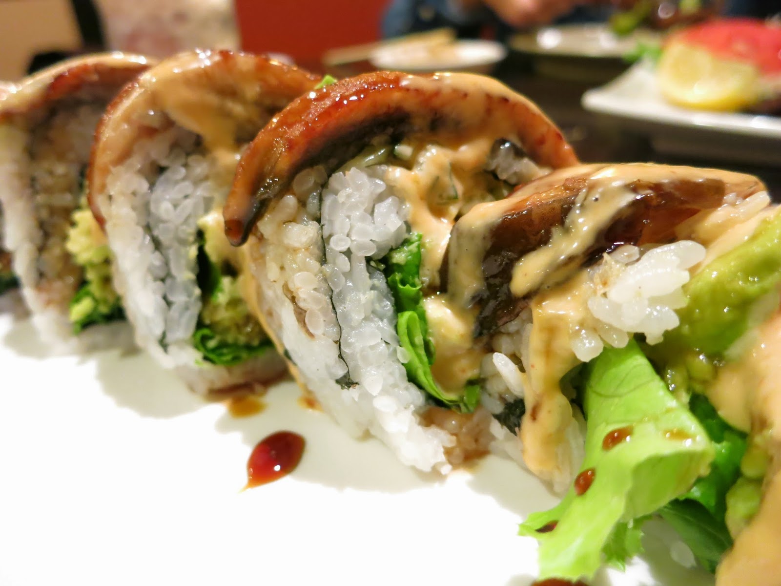 pieces of m Soft Shell Crab Sushi Roll Topped With Unagi + Beef Skewers! [FOOD]
