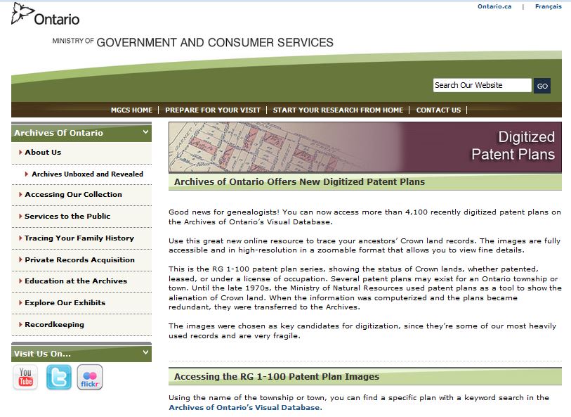 Gone Researching Digitized Land Patent Plans at Archives of Ontario