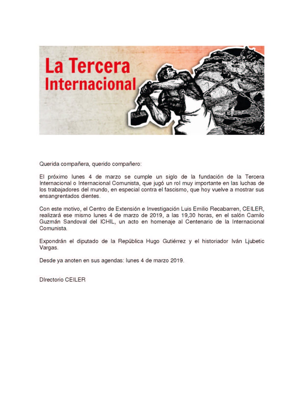 INVITACIÓN CEILER. Centenario de la Internacional Comunista
