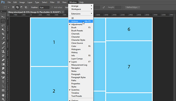 Prikaži Actions panel u Adobe Photoshop preko Window > Actions