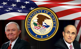 We the people elected Trump to clear the Swamp. Sessions lacks the stomach to drain the Swamp; Replace with Giuliani. composed image in color of Jeff Sessions, RudyGiuliani, the US Department of Justice seal and the US Flag